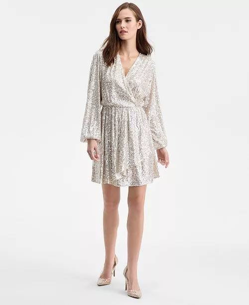 BOSS Orange Sequin Blouson-Sleeve Dress Open Beige 14 NWT $179