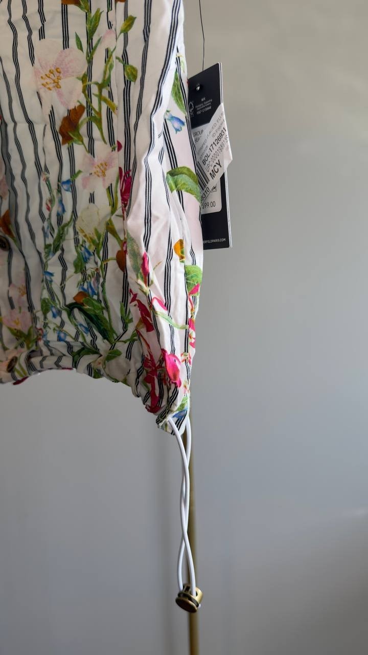 Karl Lagerfeld Paris Floral & Stripe Button‑Up Shirt Soft White Multi M NWT $99