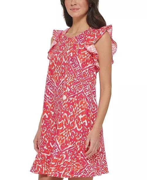 Tommy Hilfiger Printed Ruffle-Trim Sleeveless Shift Dress Red Size 4 NWOT