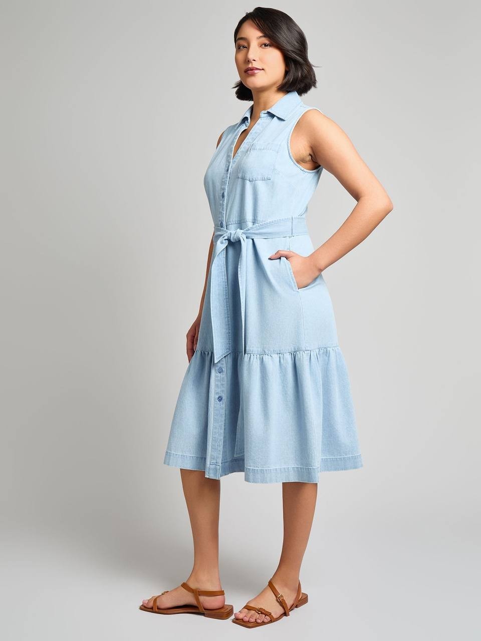 Jones New York Petite Sleeveless Belted Chambray Dress Blue PS NWT $119.50