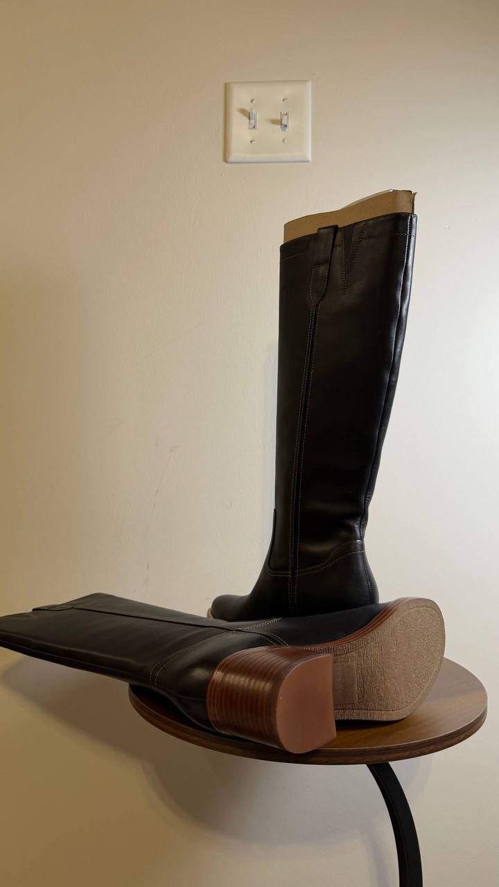 Nine West Hecee Boots 8.5M Black Leather Tall Round Toe Block Heel NIB msrp$269