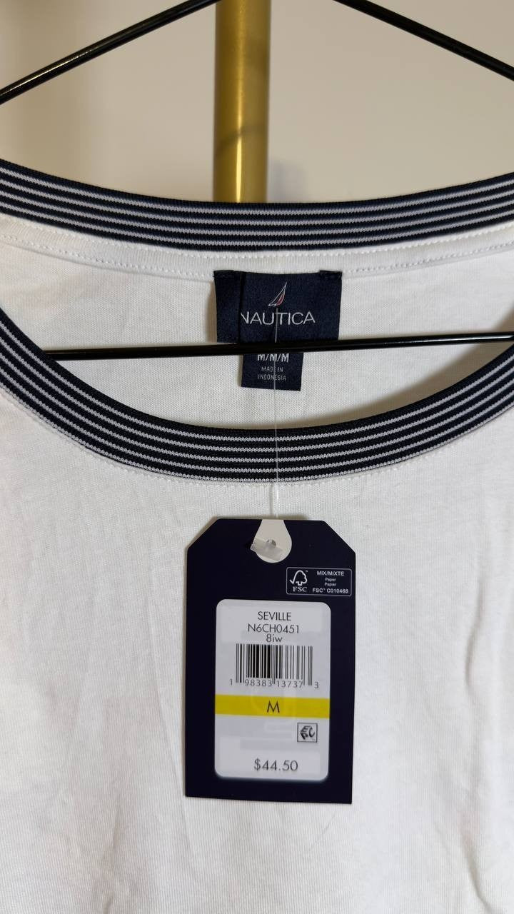 Nautica Striped-Trim Short Sleeve T-Shirt White M NWT $44.50
