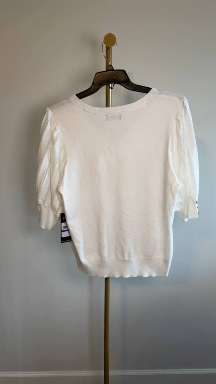 Karl Lagerfeld Paris Puffed‑Sleeve V‑Neck Sweater Soft White XL NWOT $79