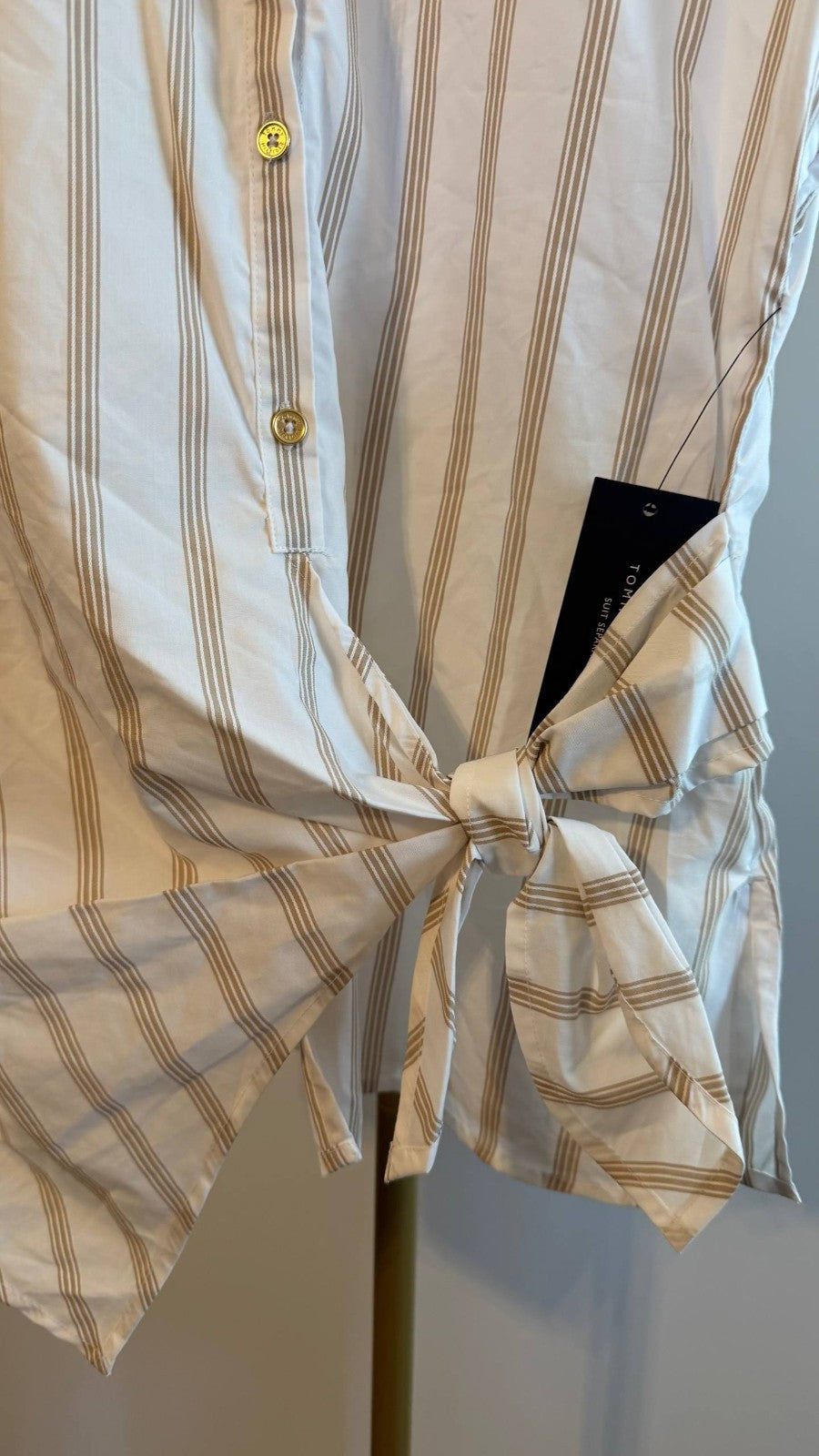 Tommy Hilfiger Women’s Striped Side‑Tie Cap‑Sleeve Blouse White Beige $79 NWT