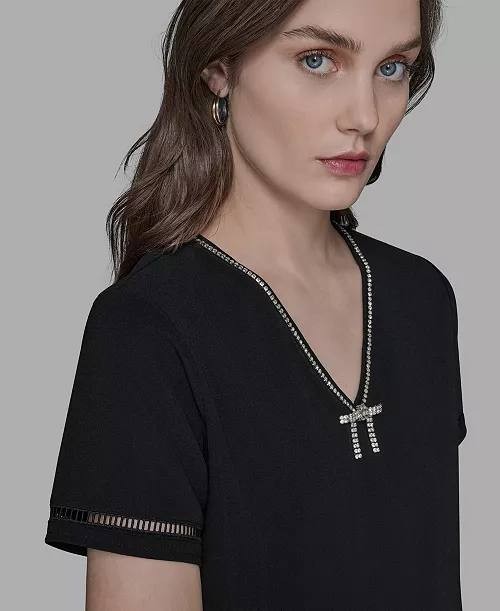 Karl Lagerfeld Paris Sparkle‑Bow V‑Neck Knit Top Black XS NWT $89