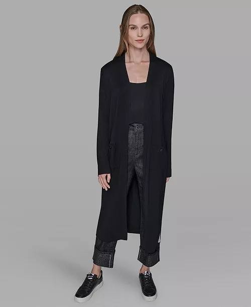 Karl Lagerfeld Paris Logo Duster Sweater Black XL NWT Long Open Front $149