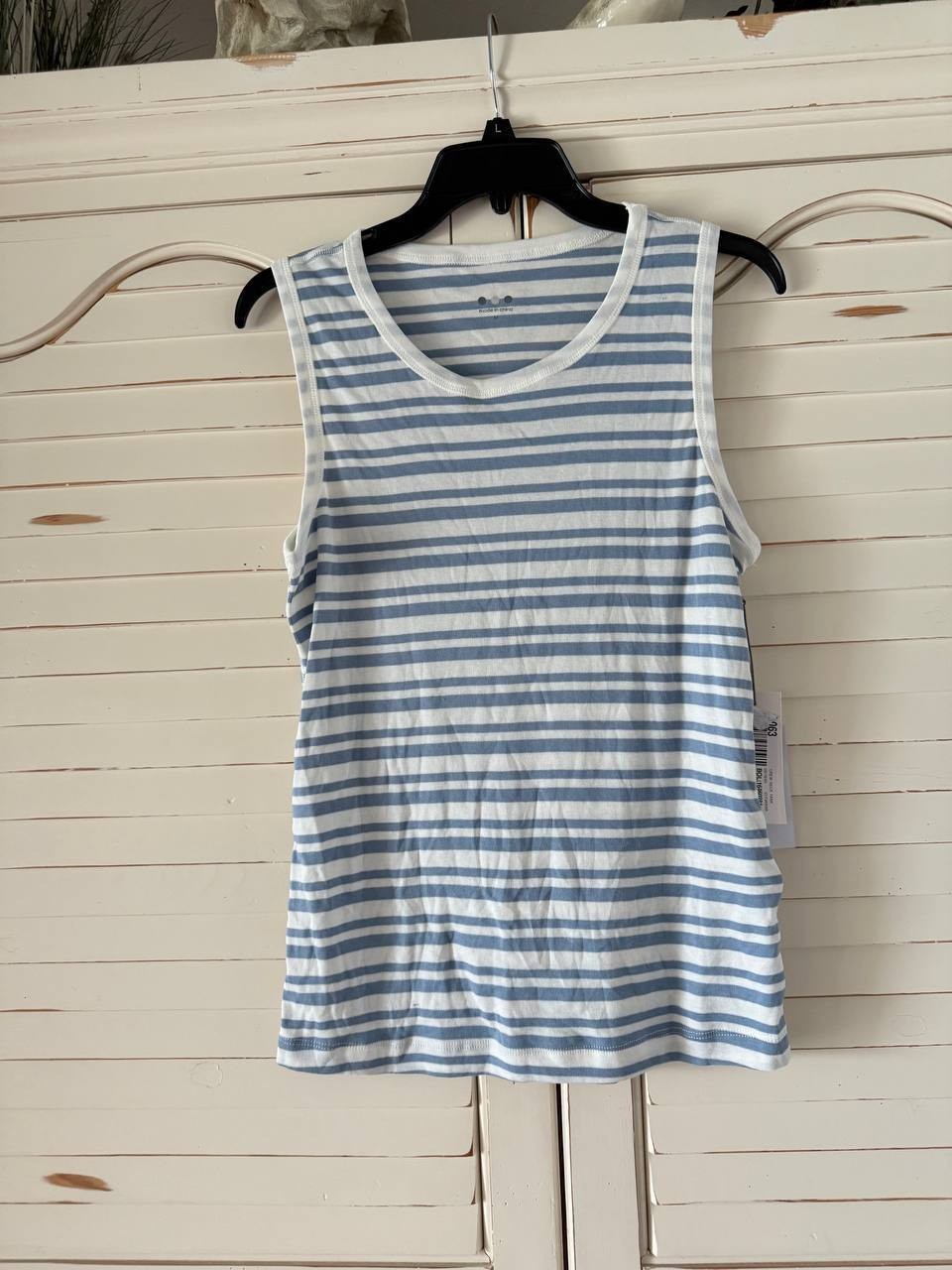 Three Dots Ribbed Crew-Neck Tank Top - Faded Denim Stripe, Size M, NWT