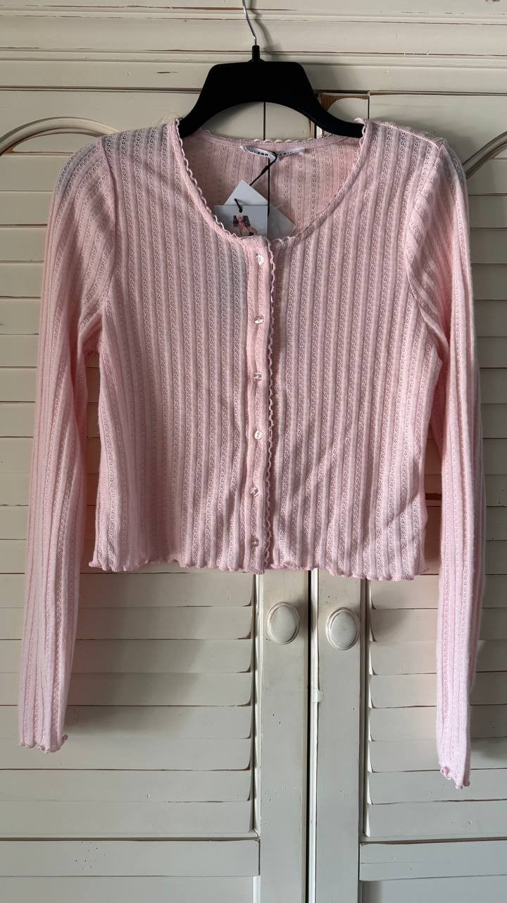 Celebrity Pink Cropped Cardigan - Button Front, Lettuce Trim Knit Sweater