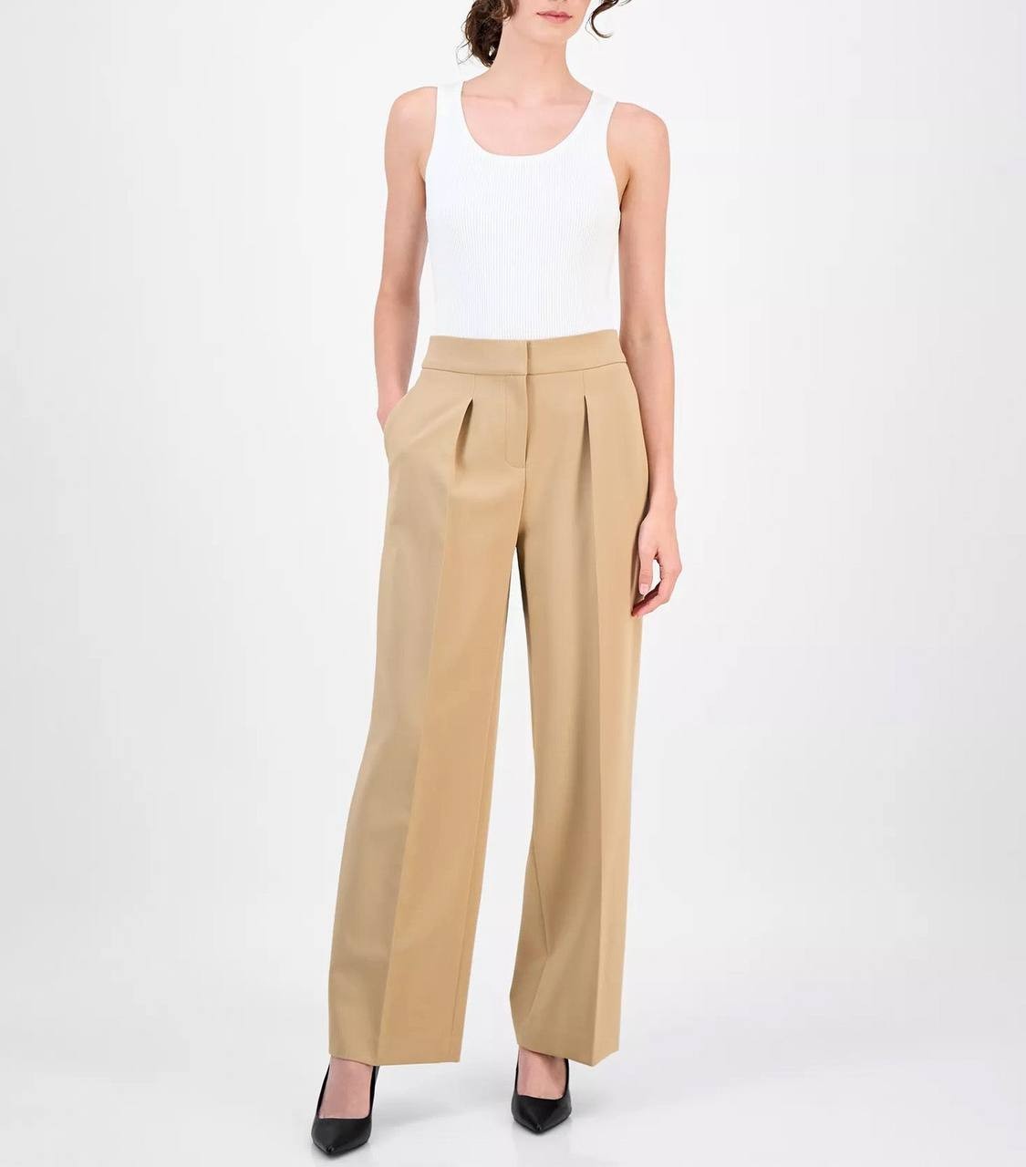 Anne Klein High-Rise Pleated Wide-Leg Twill Pants Beige 16 NWT $99