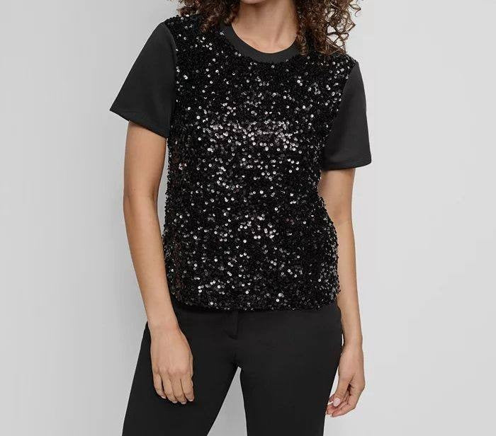 DKNY Women’s Black Sequin Front Short Sleeve Top - Size L - NWT
