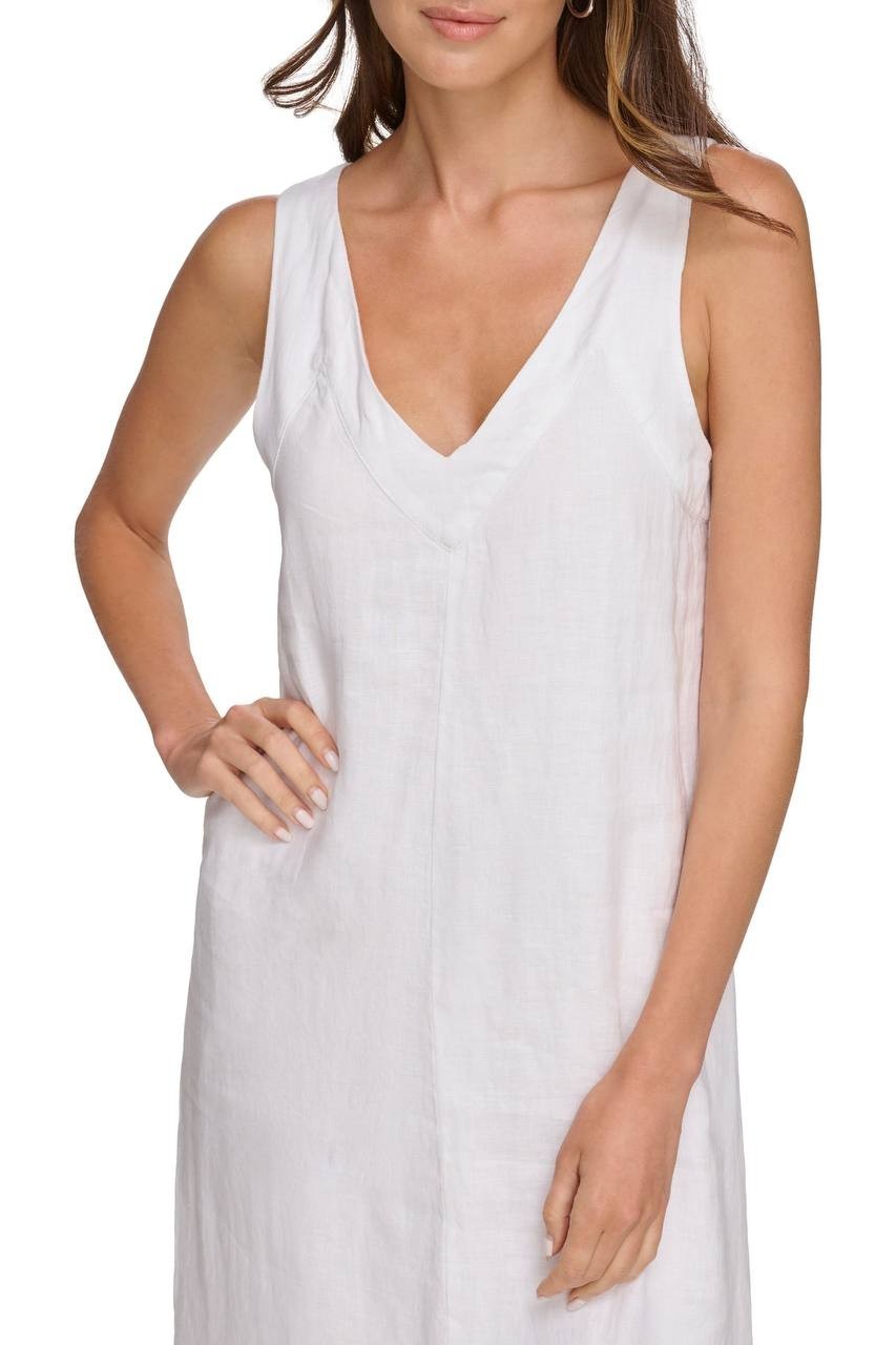 DKNY V‑Neck Linen Sleeveless Maxi Dress White S NWT $115