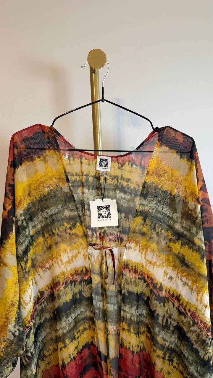 Anne Klein Tie-Dyed Tie-Neck Kimono Red/Yellow 1SZ NWT $89