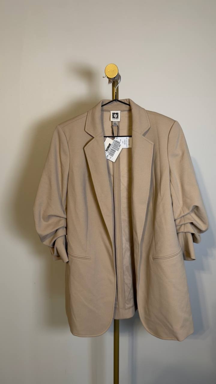 Anne Klein Stretch Crepe Scrunch‑Sleeve Open‑Front Blazer Latte S NWT $139