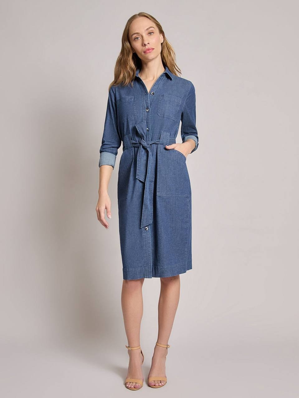 Jones New York Pocket Tie Dress – Size L – NWT – Dark Wash Denim Button FrontMid