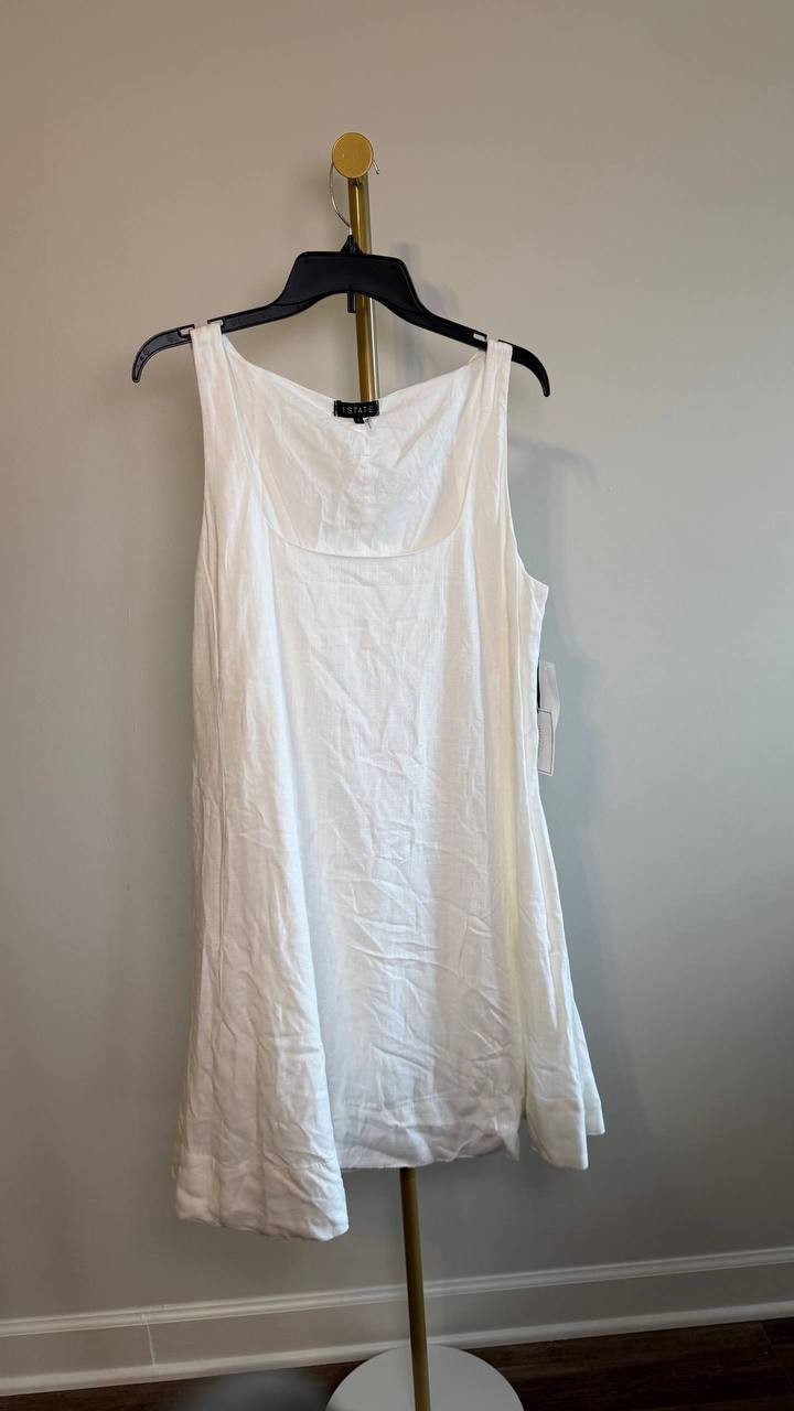 1.STATE Scoop‑Neck Full‑Circle Linen‑Blend Mini Dress White L NWT $99