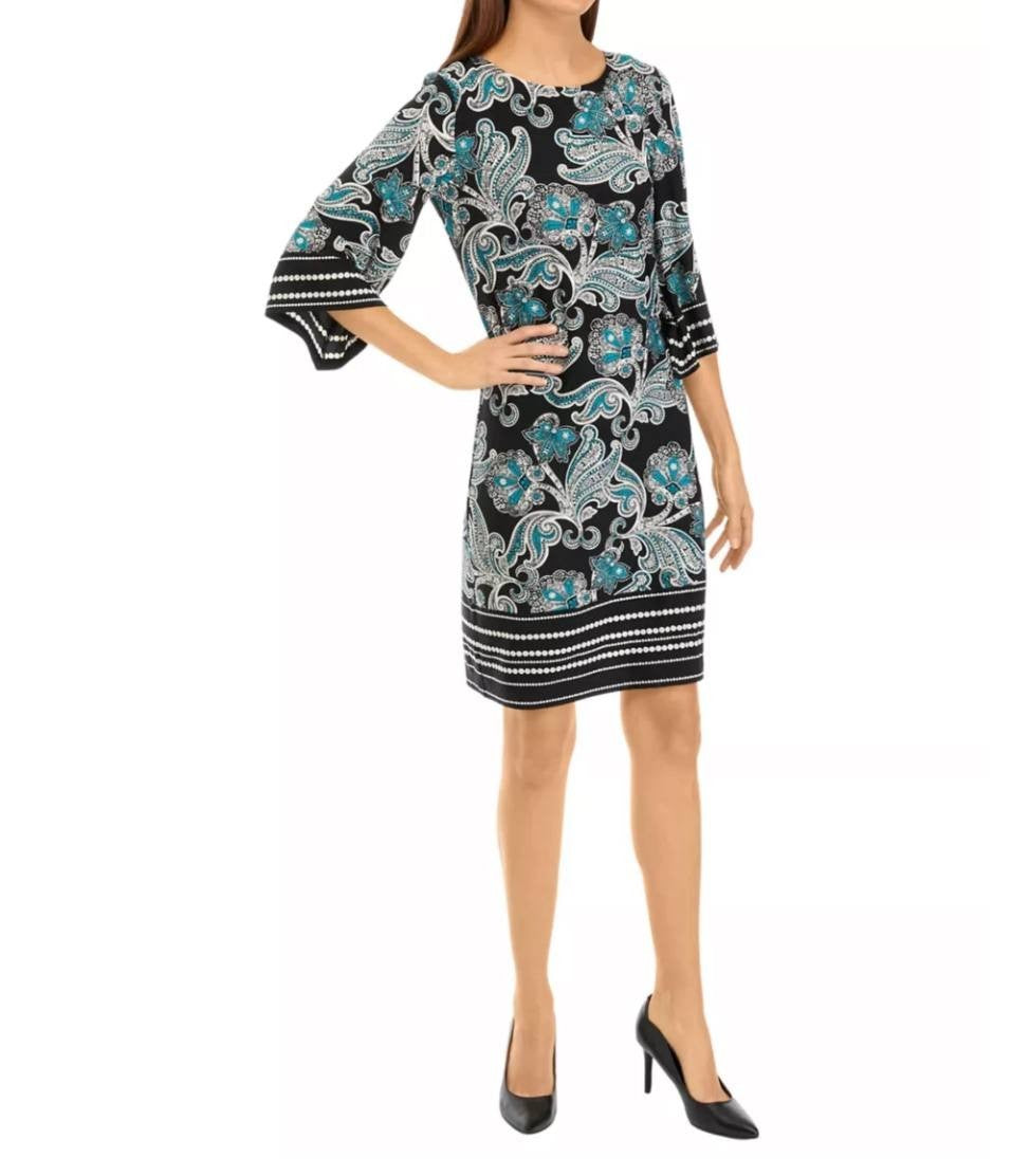 Sandra Darren Paisley Shift Dress Black/Turquoise Size L NWT $79 -3/4 Sleeve