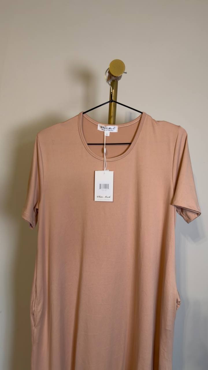 White Mark Crew Neck Short-Sleeve T-Shirt Midi Dress Rose Gold L NWT $80
