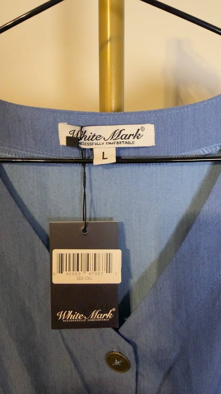 White Mark Ruffle Sleeve Button-Front Knee-Length Dress Blue L NWT $76