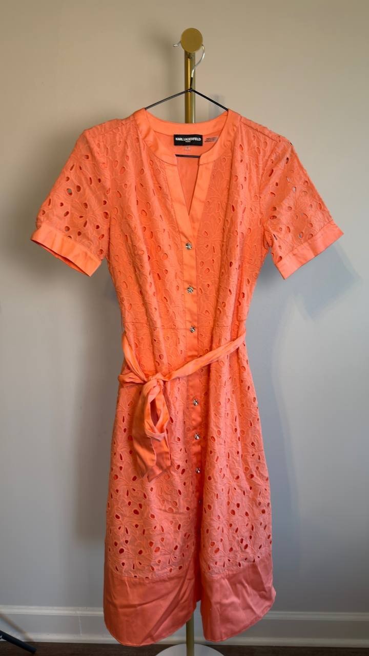 Karl Lagerfeld Cotton Eyelet Button‑Front Dress Coral 2 NWT $199