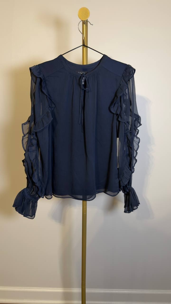 1.STATE Tie‑Neck Ruffled Sheer‑Sleeve Blouse Indigo Night XS NWT $79
