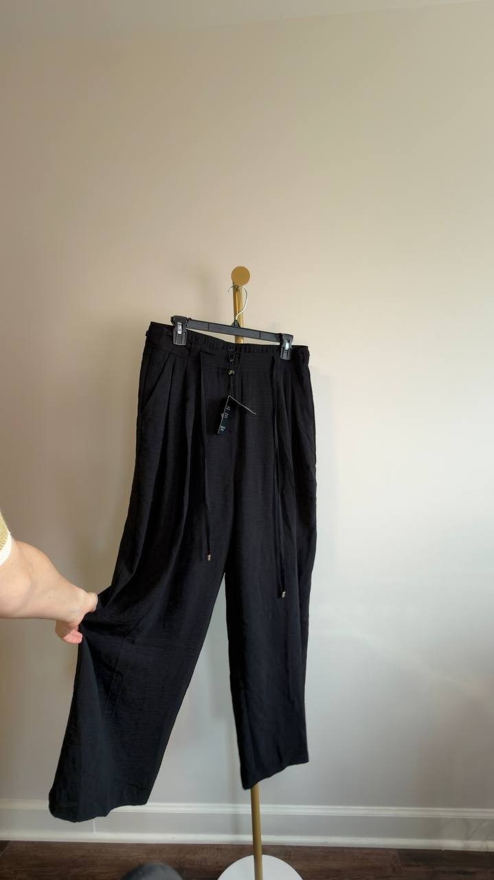 Adrianna Papell Tie Belt Airflow Pleated Wide‑Leg Pants Black L NWT $50