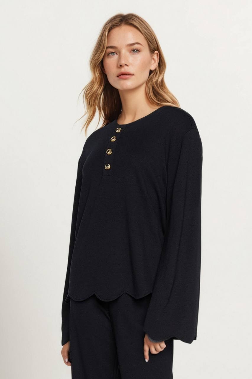 Three Dots Crystal Bell Long Sleeve Tee, Henley Neckline, Black Beauty S