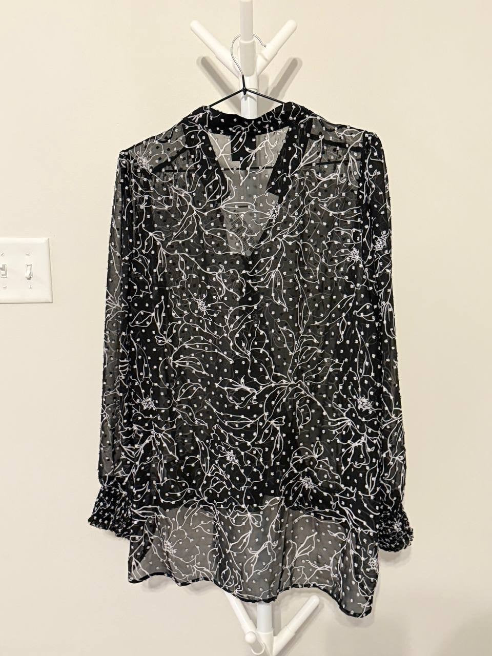 Bobeau High‑Low Floral Swiss Dot Top – Black – Size XL – NWT – $60