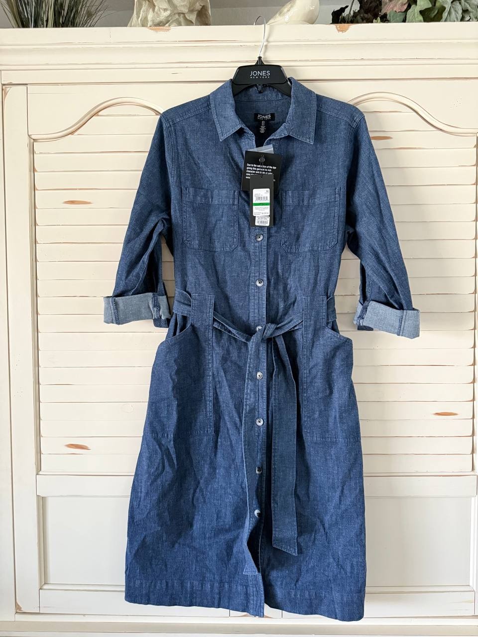 Jones New York Pocket Tie Dress – Size L – NWT – Dark Wash Denim Button FrontMid