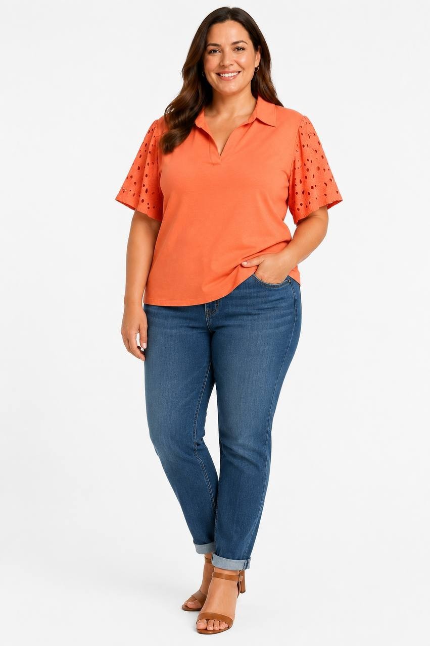 Karl Lagerfeld Paris Eyelet‑Sleeve Collared Top Coral XL NWT $89