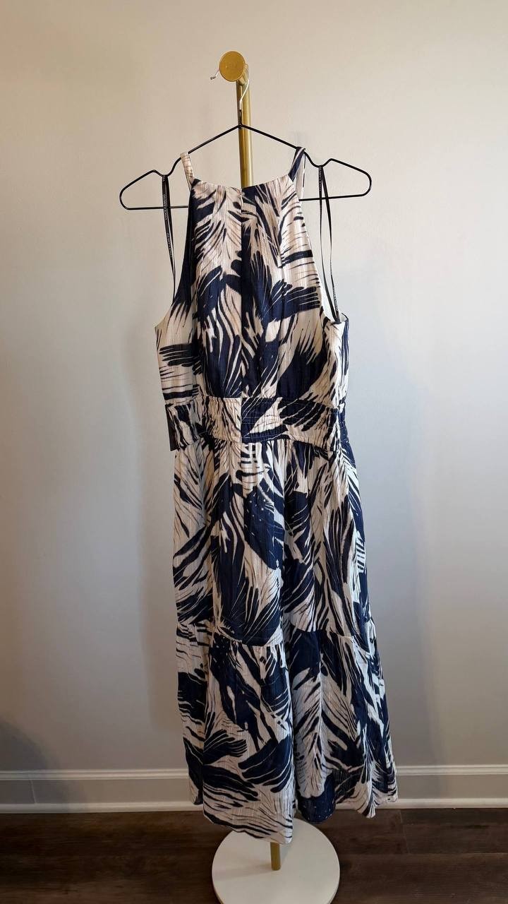 Vince Camuto Women’s Leaf Print Cotton Halter Neck Midi Dress Blue 12 $188 NWT