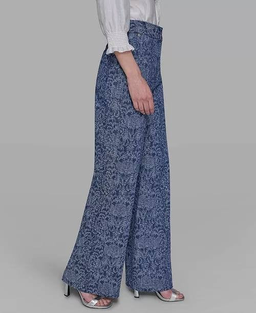 Karl Lagerfeld Paris Printed Wide‑Leg Denim Pants Medium Wash 8 NWT $139