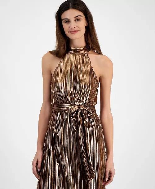 Anne Klein Metallic Mock‑Neck Halter Dress Bronze XS NWT $159