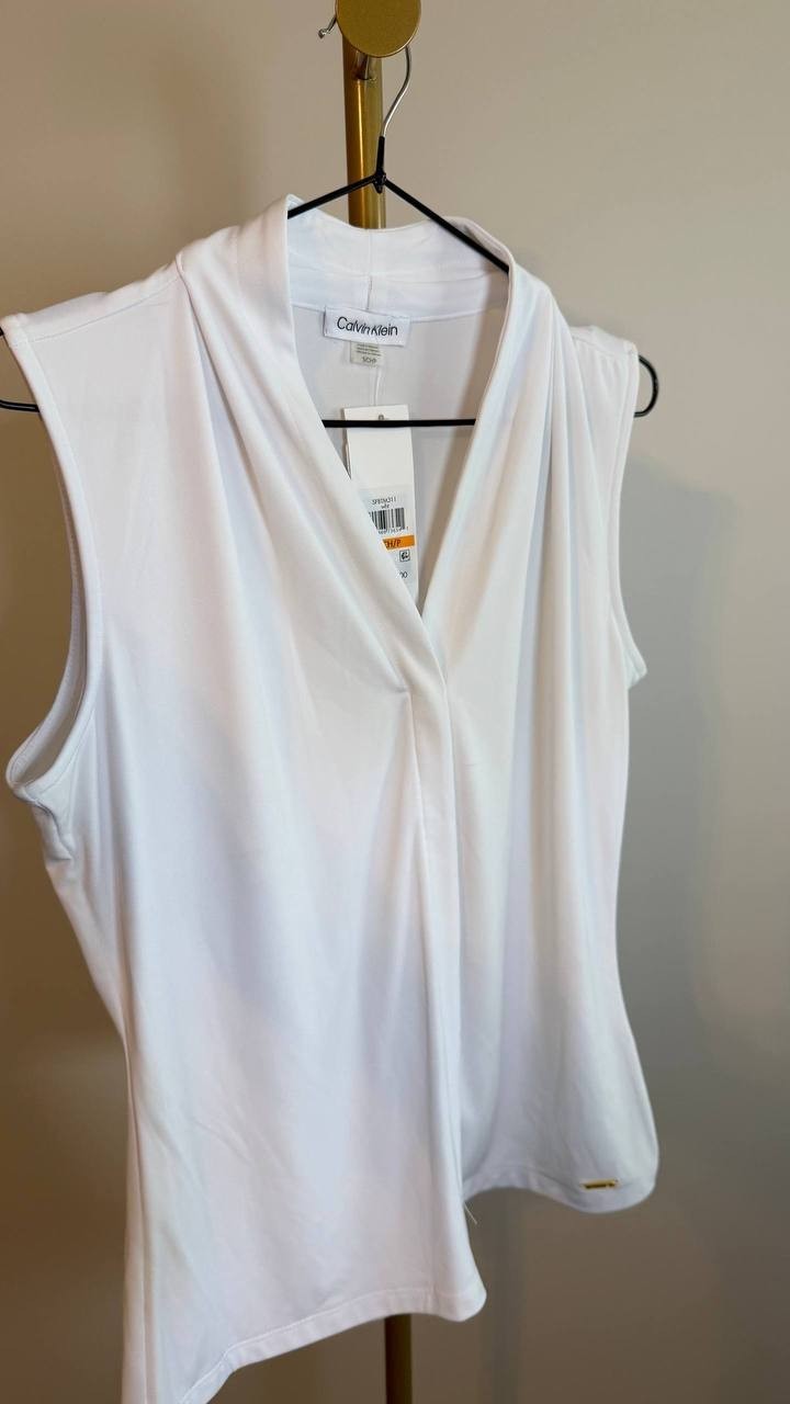 Calvin Klein Gathered V‑Neck Sleeveless Top White Hidden Buttons Size S NWT $49