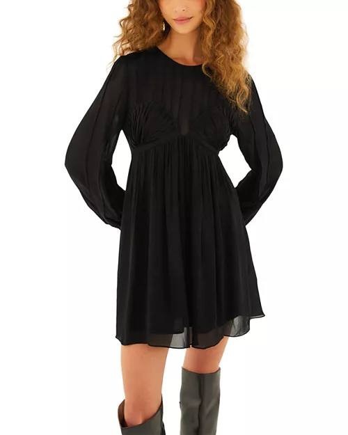 FARM Rio Pleated Mini Dress Black Long Sleeve Semi Sheer Size S NWT $280
