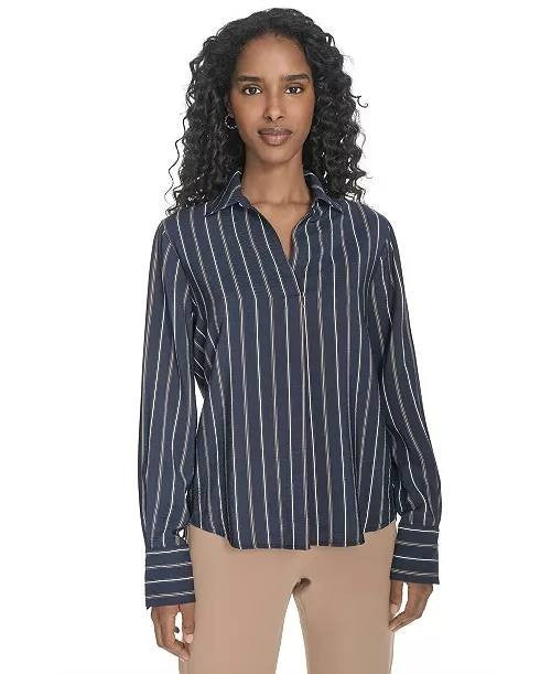Tommy Hilfiger Striped Long‑Sleeve Popover Top Navy Multi L NWT $89