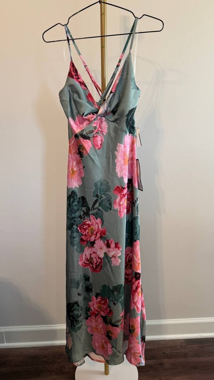 Katia Rae Juniors Floral Satin Twist‑Front Cutout Dress Multicolor M $69 NWT