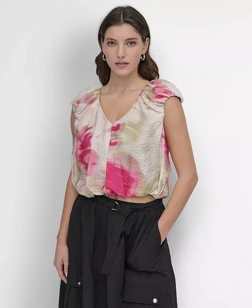 DKNY Floral V Neck Cap Sleeve Top Size L NWT Multicolor Abstract Print
