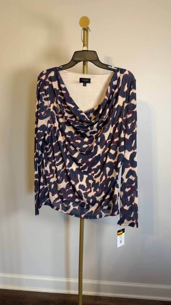 Tahari ASL Abstract Print Cowl Neck Top Plum Leopard XL NWT $79