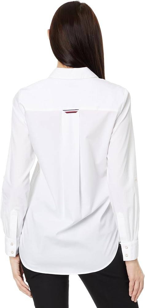 Tommy Hilfiger Tunic M White Long Sleeve Cotton Collared Shirt Curved Hem NWT
