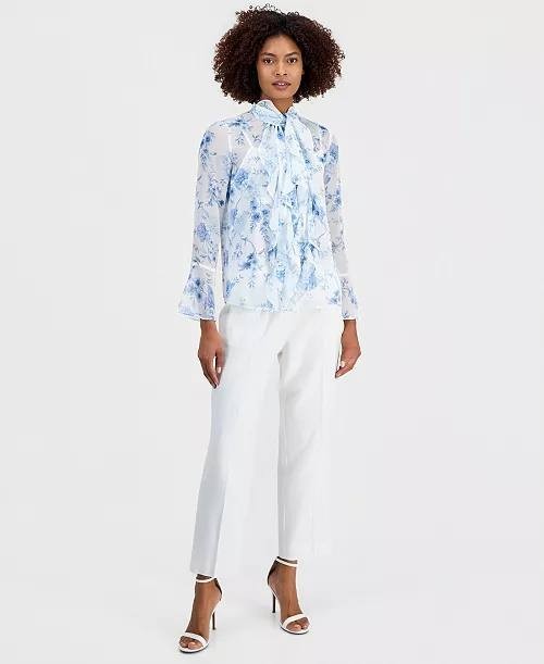 Anne Klein Floral Ruffle Tie‑Neck Blouse L White Multi NWT $99