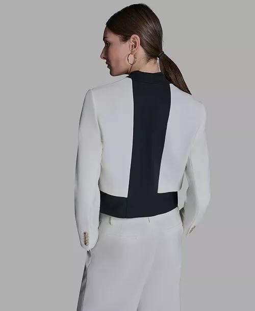 BCBG Stand‑Up Collar Open‑Front Blazer White/Black 12 NWT $59