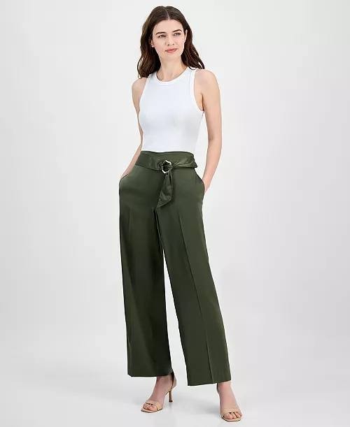 Anne Klein High‑Rise Belted Wide‑Leg Satin Pants – Olive– Size S–NWT–MSRP$99