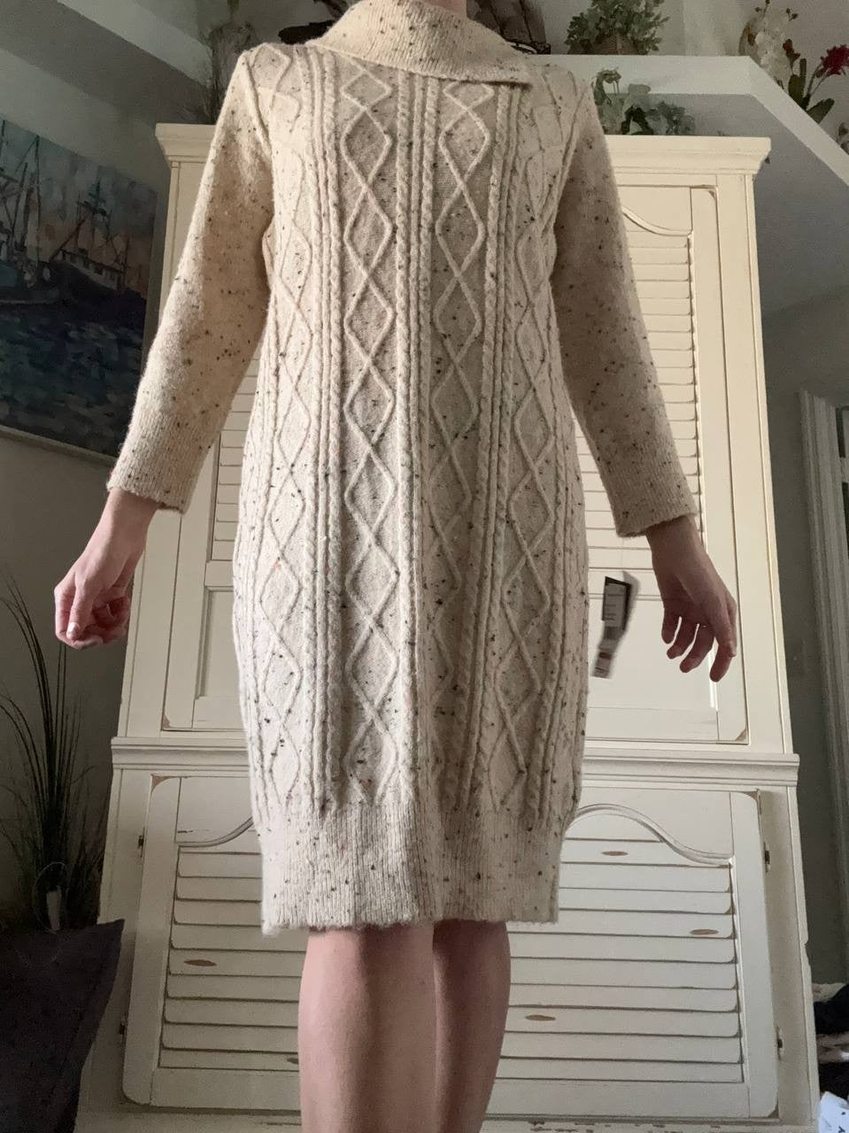 Sandra Darren Cable Knit Sweater Dress Beige Speckled Size L NWT $89 – Cozy Chic