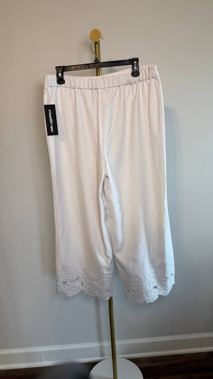 Karl Lagerfeld Paris Women’s Floral‑Hem Pull‑On Pants White 12 NWT $149