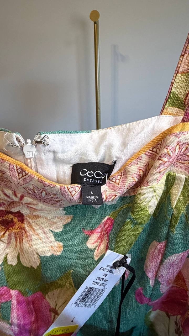 CeCe Sleeveless Square‑Neck Fit & Flare Dress Tropic Night L NWT $119