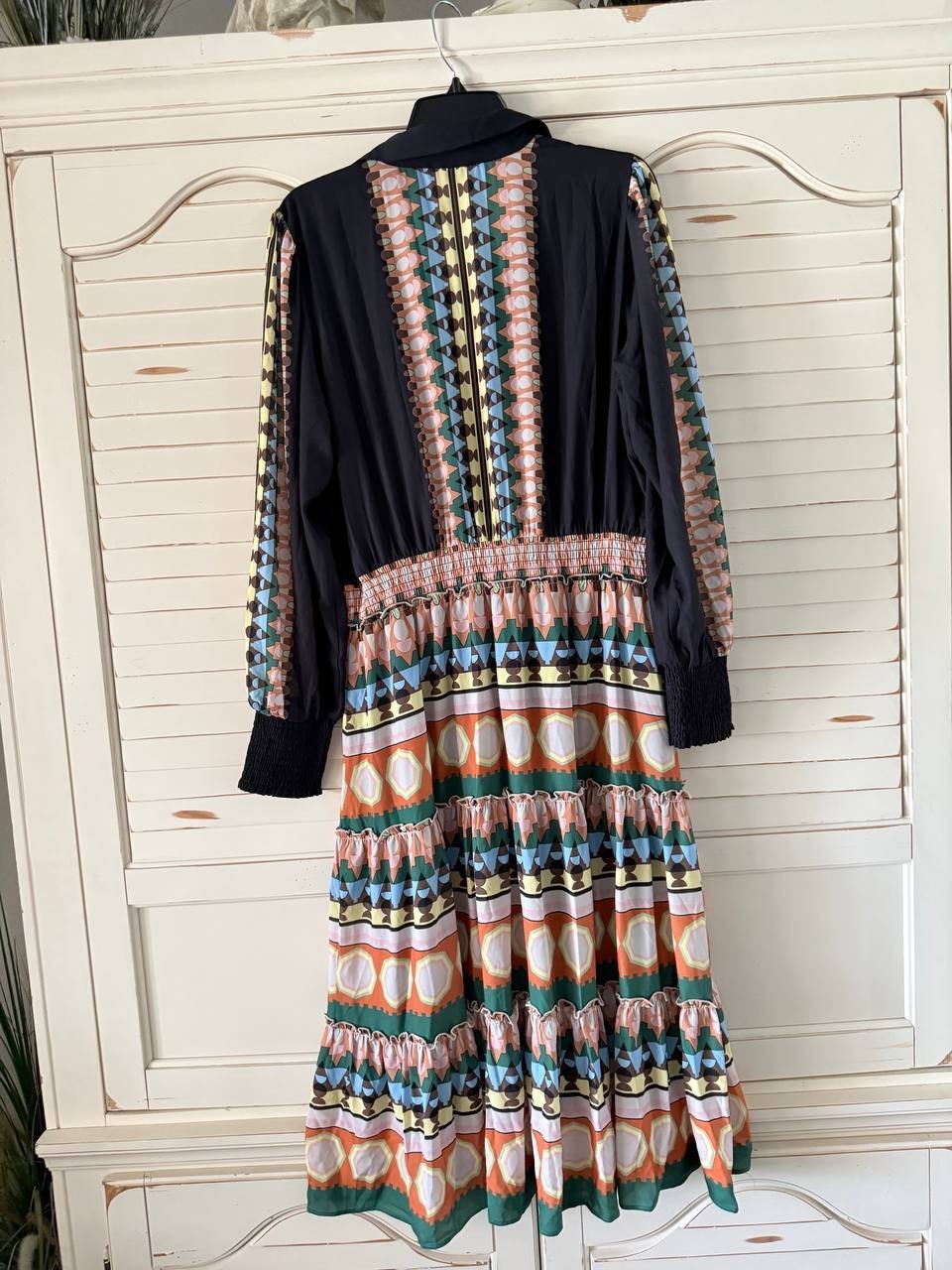 Tahari Dress  Multicolor Smocked Waist Printed Midi Half-Placket Size L NWT $148