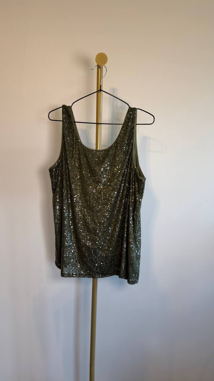 Anne Klein Sequin Double-Scoop Sleeveless Tank Olive Palm L NWT $69