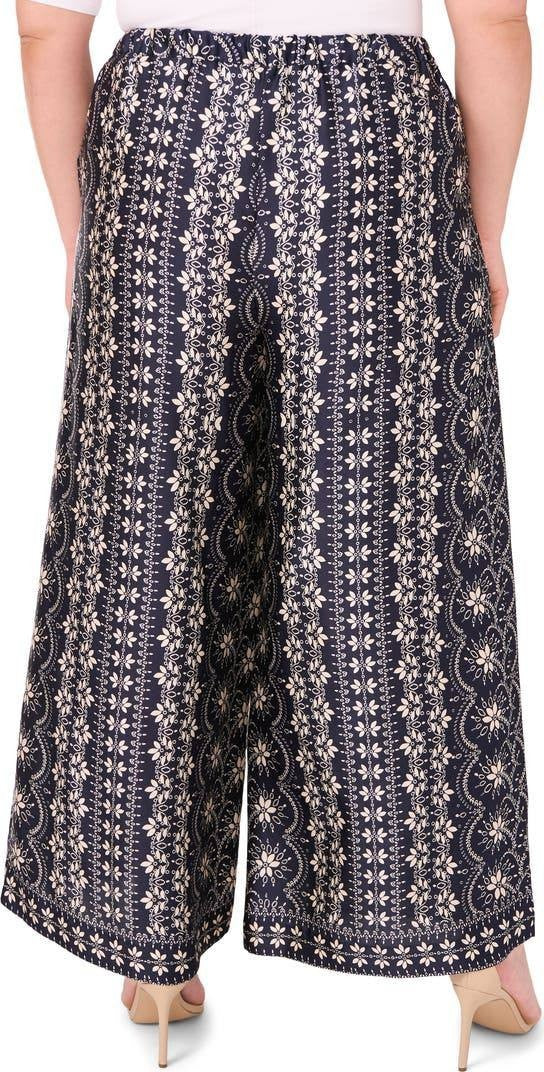 CeCe Black Mixed Print Wide Leg Pants Size L Elastic Waist Travel Casual