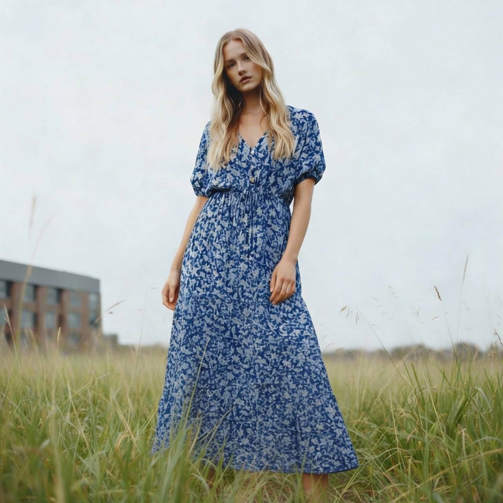 Cupshe Dark Blue Floral Midi Dress – Balloon Sleeves – Size XL – NWOT