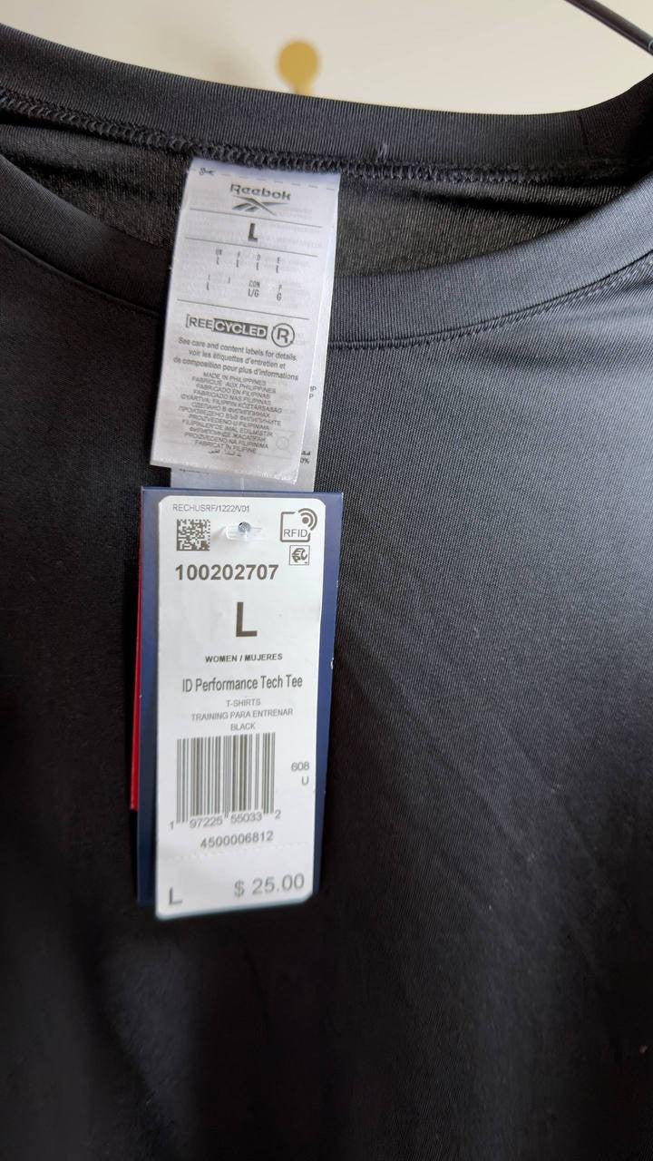 Reebok Women’s Active Identity Performance Logo Tech T‑Shirt Black L NWT $25